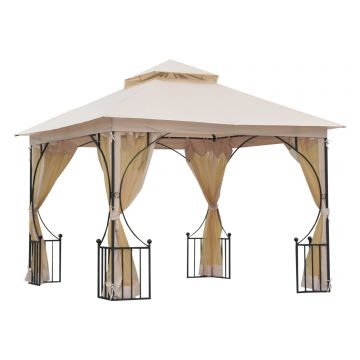 Outsunny Gazebo de Grădină cu Acoperiș Dublu, Foișor de Grădină cu Plasă și Baldachin, 300×300 cm, Bej | Aosom Romania